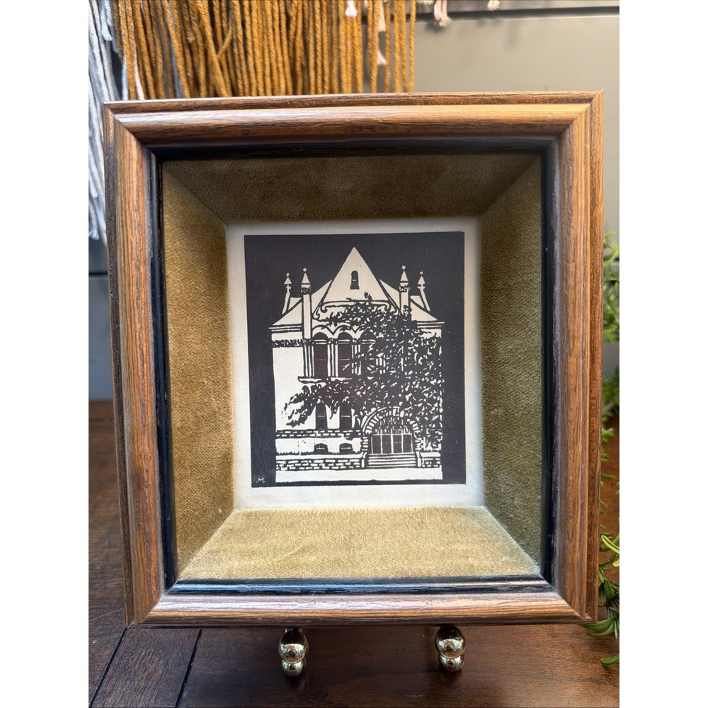 Framed Velvet 7"x7" Possible Charlie Lyons Woodcut Print Fine Art Awesome! VTG!